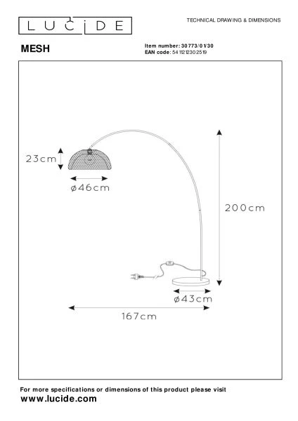 Lucide MESH - Lampadaire arceau - 1xE27 - Noir - technique